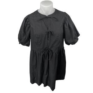 NEW H&M Black Short Puff Sleeve Lace Up Crew Neck Mini A Line Dress Size XL